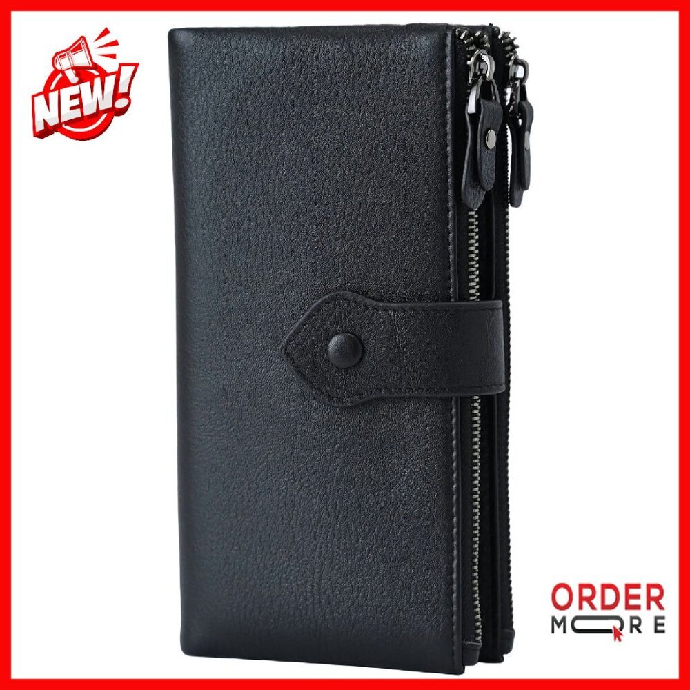 Slim Rfid Blocking Leather Wallet With 18 Card Slots & Zipper Pocket
